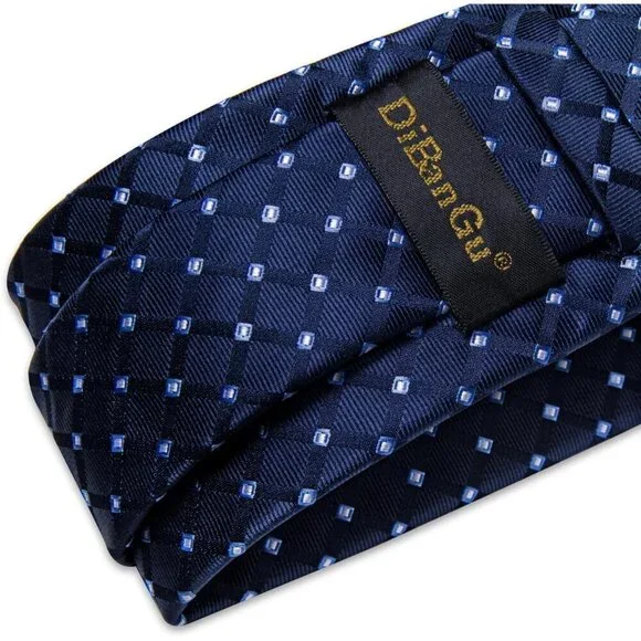 🆕Men Blue Plaid Silk Checkered Necktie Pocket Square Cufflinks Tie Clip Set